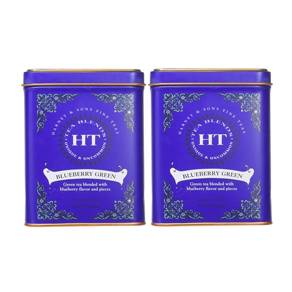 Harney & Son's Blueberry Green Tea Tin 20 Sachets (1.4 oz ea, Two Pack) - Green Tea Blend with Real Blueberry Flavor and Pieces (Hot or Iced) - 2 Pack 20ct Sachet Tins (40 Sachets)