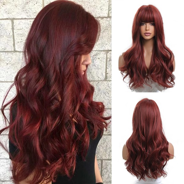 Esmee 24 Inch Long Wavy Burgundy Wigs for Women Natural Synthetic Hair Heat Resistant Wigs with Fringe for Daily Party Cosplay Use