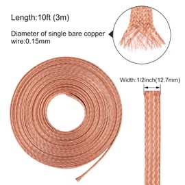 KWOKWEI 13 mm Flat Copper Braid Cable, 3 m / 10 ft Bare Copper Braided Wire, Flexible Shielding Wire Braid 8 mm² for Grounding Connection