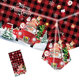 MORAINJAY Christmas Tablecloth,137x274cm Large Xmas Car Red Checkered Table Cloth,Rectangle Waterproof Plastic Party Table Cover for Christmas Party Dinner,Winter Holiday,Christmas Table Decorations