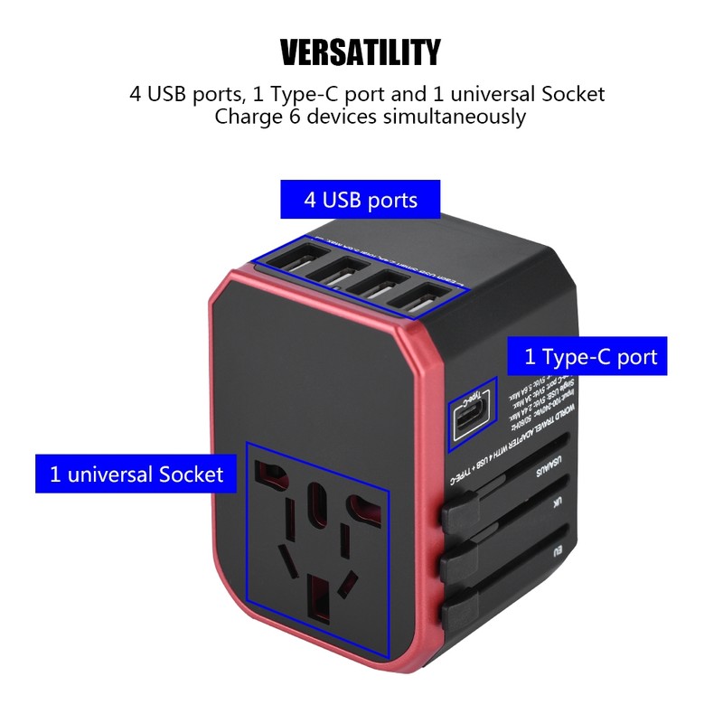 Universal Travel Adapter Plug 4 USB Ports Type C Sockets