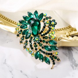 BriLove Vintage Style Bouquet Bridal Brooch, Women's Crystal Rhinestone Teardrop Marquise Cluster Flower Statement Brooches Pins for Wedding Party Prom Emerald Color Gold-Tone