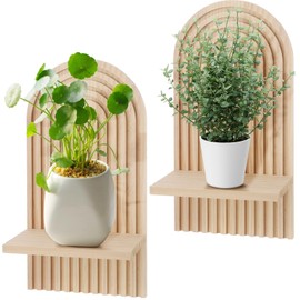 2 PCS Boho Wall Candle Sconces, Arched Wood Boho Wall Candle Holder, Wall Mount Bohemian Floating Shelves, White & Natural Finish, Candle Display for Living Room Bedroom Bathroom Hallway