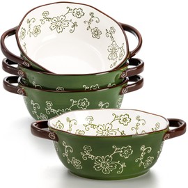 AVLA 4 Pack Ceramic Soup Bowls, 22 Ounces Porcelain Serving Bowl Set with Double Handle, Large Ceramic Crocks for French Onion Soup, Stew, Pasta, Cereal, Pot Pies (Green)