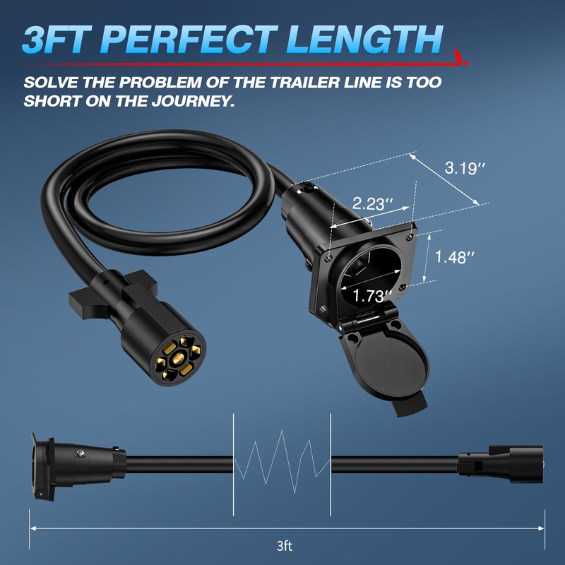 MICTUNING 7 Way Trailer Plug Socket Extension Cable 7 Blade