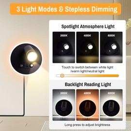 ERAY Wall Mounted Reading Light, Adjustable Wall Sconces with USB and Type-C Charging Port/Touch Control, 3000K/4000K/6000K 350° Rotatable LED Spotlight & Backlight for Bedside Bedroom -1 Pack