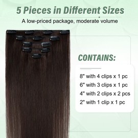 TESS Brown Real Hair Extensions Clip, 5 Pieces, Double Wefts, #2 Dark Brown Clip-In Extensions, Real Hair, Straight, Remy Real Hair, 70 g, 45 cm Hair Extensions Real Hair Clip