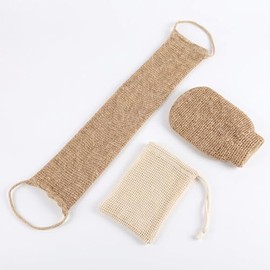Jute Exfoliating Back Scrubber Bath Glove Set - Exfoliating Shower Mitt with Extra Long Back Cleaner for Body Scrub, Natural Plastic-Free Wash Gloves & Soap Saver to Remove Dead Skin