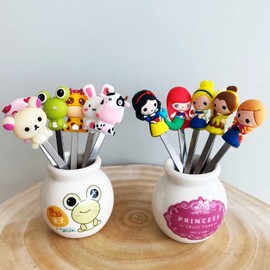HENWAFX Fruit Fork, Cute Set of 6 Fruit Forks with Holder Stainless Steel Food Pick Forks for Kids Home (Cartoon+ fairy princess)
