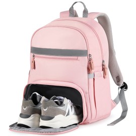 MoKo Gym Backpack, 15.6 Inch Stylish Travel Backpack with Shoe Compartment, Anti Theft Water Resistant Laptop Backpack for Women/Girls/Nurse/Teacher/Travel, Pink + Gray