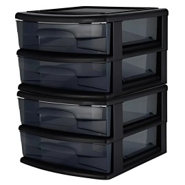 Homz Plastic 2 Drawer Medium Storage Cart, Black Frame with Smoke Drawer, 2 Pack