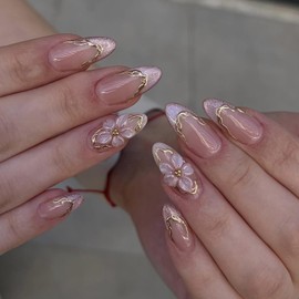 Almond Press On Nails Pink Glitter French Tip Fake Nails 3D Flower Gold Wavy Line Designs Handmade Glue On False Nails Reusable Manicure Kit for Women Bridal Wedding Daily Elegant Party 24pcs
