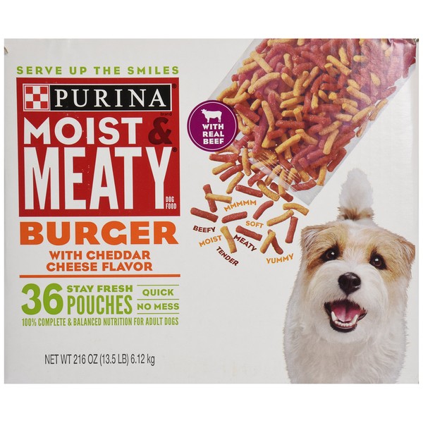 Purina Moist & Meaty Dog Food, Burger with Cheddar Cheese Flavor, 36 Pouches, 6 oz each