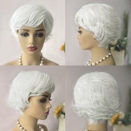 Short White Wigs with Bangs White Pixie Cut Wigs for White Women Natural Looking Synthetic Short Hair Wigs for Women