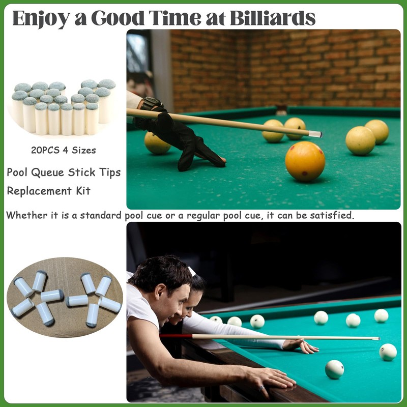 Keromtein 20pcs Slip On Pool Cue Tips, 4 Sizes Pool