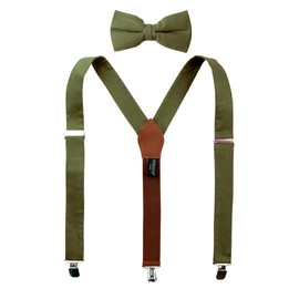 Spring Notion Mens' Linen Blend Suspenders and Bow Tie Set for Groomsmen Wedding, Olive 48 Inch