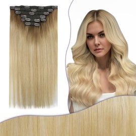fshine Human Hair Extensions Clip in Ombre Brown to Honey Blonde and Platinum Blonde Human Hair Clip in Extensions 20 Inch Straight Remy Clip in Human Hair Extensions 150g 7 Pieces