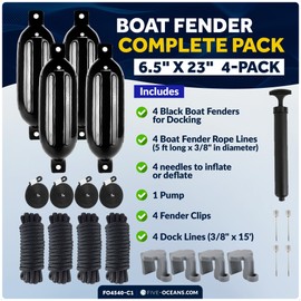 Five Oceans 4-Pack Pontoon Boat Fender Kit, Includes 6.5 x 23-Inch Black Fenders and Boat Bumpers Clips, Dock Lines 3/8" x 15', Ropes Lines 3/8-Inch x 5-Ft, Inflator Pump and Needles - FO4540-C1