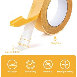 HEYSTYLE Double Sided Tape Heavy Duty 0.8in x 66ft (20mm x 20m) - 3 Rolls, No Residue, Easy Tear, Strong Adhesive Mounting Tape for Arts, Crafts, Fix Carpet, Woodworking, Photos