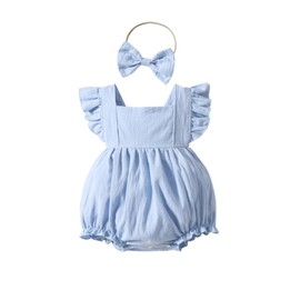 Yanmucy Baby Girls Cotton Rompers Newborn Toddler Ruffle Sleeveless Backless Bodysuit with Headband Summer Baby Overall Outfits 0-18 Months (Blue, 6-12 Months)