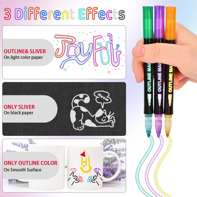 Outline Shimmer Glitter Markers for Kids, 12 Shimmer Markers Outline