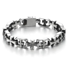 COOLSTEELANDBEYOND Exquisite Stainless Steel Cross Link Chain Bracelet for Men, Rock Punk Biker Faith