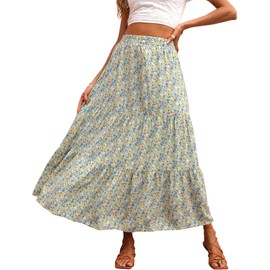 KIRUNDO Women's 2025 Spring Summer High Waist Boho Floral Maxi Skirt Casual Flowy Swing Pleated A Line Beach Long Skirts(Light Blue, Medium)