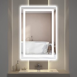 ISKM 36x24 Inch LED Mirror for Bathroom with Double Light Strip Anti-Fog Memory Dimmable Makeup Mirror Large Vanity Mirrors for Wall Tempered Glass Shatter-Proof