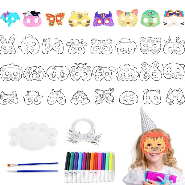 RUIJIE Pack of 32 Animal Masks for Children Blank Painting
