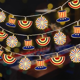 4th of July Decorations String Lights, 10Ft 20 LED American Fan Flag Top Hat Firework Lights Battery Operated with Timer Red Blue White Lights for Patriotic Memorial Day Fourth of July Day Decor