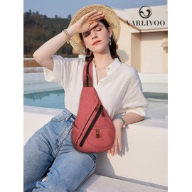 VARLIVOO Men's Sling Bag Chest Bag Women Shoulder Bags Crossbody Bag Travel Hiking Mountaineering Camping Cycling School Canvas Daypack Sling Backpack Rose Red