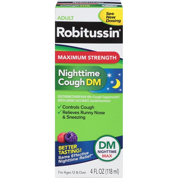 Robitussin Maximum Strength Nighttime Cough DM, Cough Medicine for Adults, Berry Flavor - 4 Fl Oz
