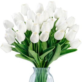 Sggvecsy 30 Pcs Fake Tulips Artificial Flowers Real Touch PU Faux Flowers Tulip Stems for Wedding Spring Bouquet Floral Arrangement Home Party Office Decorations for Mother's Day (White)