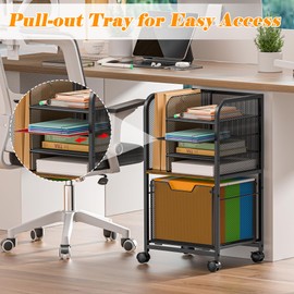 5-Tier Rolling File Cart with Drawers, File Cabinet Organizer for Hanging File Folders, Letter-Size File Storage with Wheels, Multi-Layer Mobile Filing Cabinet for Desk Storage, Office and Home