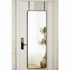 VooBang 14"x48" Full Length Over The Door Mirror - Aluminum Alloy Frame Full Body Mirror with Height-Adjustable Hangers, Hanging Leaning Against Wall for Dorm, Black