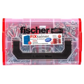 fischer 547166 Fixtainer Duopower Drilling and Dowels, Dowel Box with 306 Pieces, Including Dowels, Screws, Ruler, Bottle Opener, Spirit Level, Practical Tool Box with Carry Handle and Click System