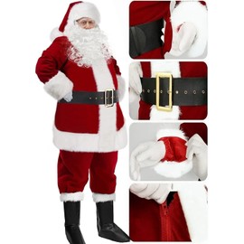Christmas Santa Claus Costume with Beards Santa Suit Adult Men,Deluxe Santa Outfit Set Professional Santa Costumes,Big Tall Plus Size Velvet Complete Santa Suits 9 Pcs(M to XL, Wine Red)