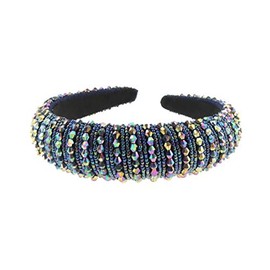 Womens Sparkly Beaded Rhinestone Embellished Jeweled Crystal Studded Wide Bump Thick Padded Evening Occasion Christmas Birthday Wedding Bridal Party Headband Hair Alice Band Hairband (Black AB Multi)