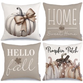 GEEORY Hello Fall Throw Pillow Covers 18x18 Inch Set of 4, Pumpkin Patch Home Sweet Home Autumn Seasonal Decorative Farmhouse Decoration for Home G557-18