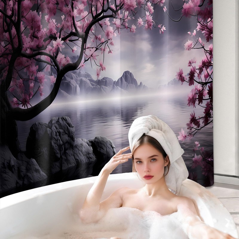 Yieldeer Japanese Shower Curtain Asian Cherry Blossom Bathroom Decor Mountain