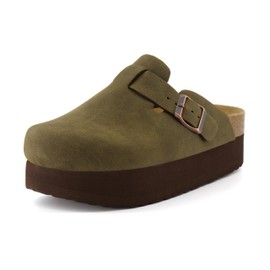 CUSHIONAIRE Women's Loom Cork Footbed Platform Clog - Comfortable Vegan Leather, Arch Support, Wide Widths Available, Olive 8