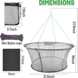 40" Portable Foldable Cast Fishing Net - Heavy-Duty Pier & Bridge Net w/Quick-Dry Coating, Reinforced Steel Hoops, Storage Bag & Bait Net - Catches Fish, Shrimp, Crab