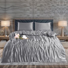 WEAVERS: Luxurious 3-Piece Silky Satin Duvet Cover Set. Reversible Zippered Duvet Cover with a Pair of Pillowcases. (Size Single, Colour Silver)