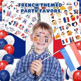 96 PCS French Paris France Flag Pre-Cut Temporary Tattoos for Kids | Super Cute French Themed Birthday Party Favors, Supplies, Decorations, Fake Tattoo Stickers, School Rewards Gifts for Boys & Girls