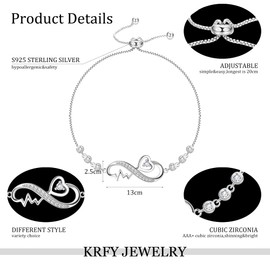 KRFY Bracelet 925 Sterling Silver Infinity Bracelet for Women Girls Endless Love Symbol Infinity Bracelet White Gold Plated Sparkle Cubic Zirconia Adjustable Bracelet Best for Mom