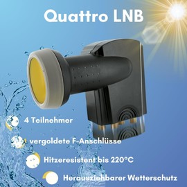 Schwaiger 714371 Digital Premium Quad LNB (Charcoal) for Two Participants with Sun Protect and Pull-Out Weather Protection, Gold-Plated Connectors for the Highest Quality (Full HD, 3D, Ultra HD / 4K)
