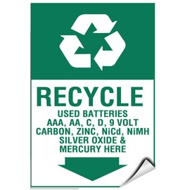 Recycle Used Batteries AAA, Aa, C, D, 9 Volt Carbon,à Label Decal Sticker 5 inches x 7 inches
