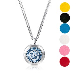 Tree of Life, Flower of Life and Greek Key Medallion Essential Oil Diffuser Necklace Stainless Steel Locket Pendants with 24 inch Chains, 36 Refill Pads