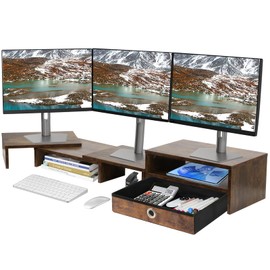 Caredear Monitor Riser for 3 Monitors, Dual Monitor Stand for Desk, Triple Monitor Stand with Drawer, Dual Monitor Stand with Storage, Extra Long Triple Monitor Riser up to 52", Angle Adjustable