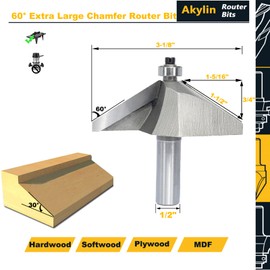 Akylin 60 Degree Extra Large Chamfer Router Bit,1/2" Shank,1-5/16" Cutting Depth,3/4" Cutting Length Horse Nose Bevel Bits,Eased Edge Cutter with Ball Bearing for Wood Profiling,Edge Forming